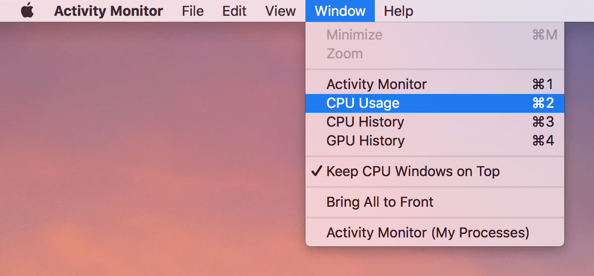 Activity Monitor menu - Drop menu - CPU Usage highlighted