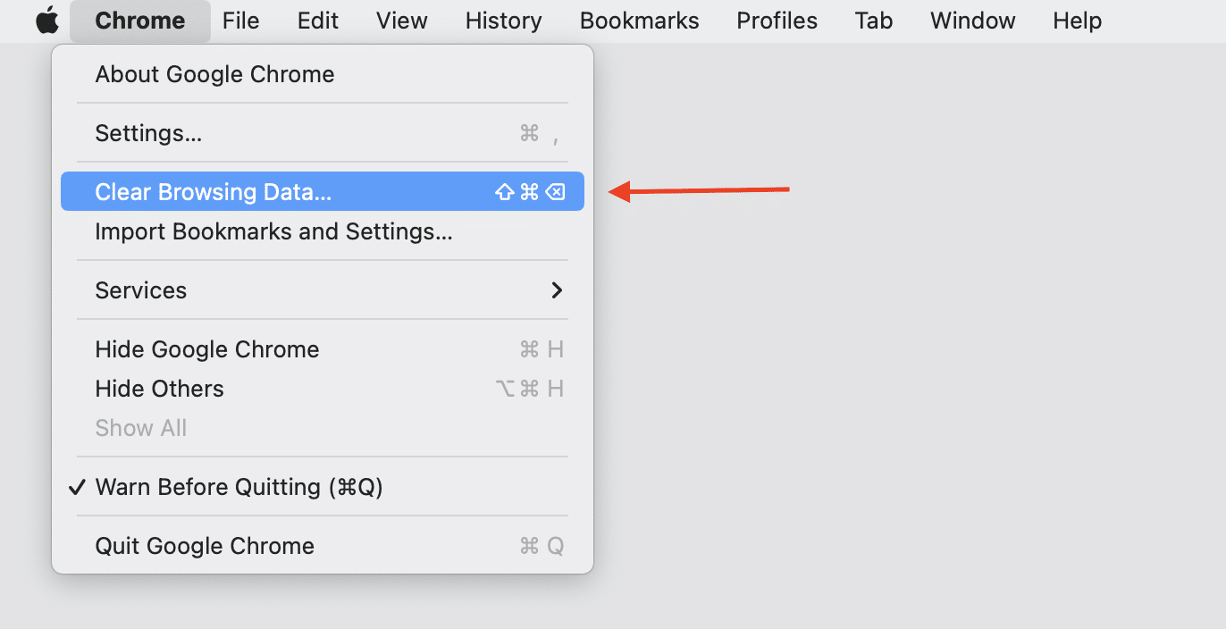 Chrome menu with Clear browser data option selected