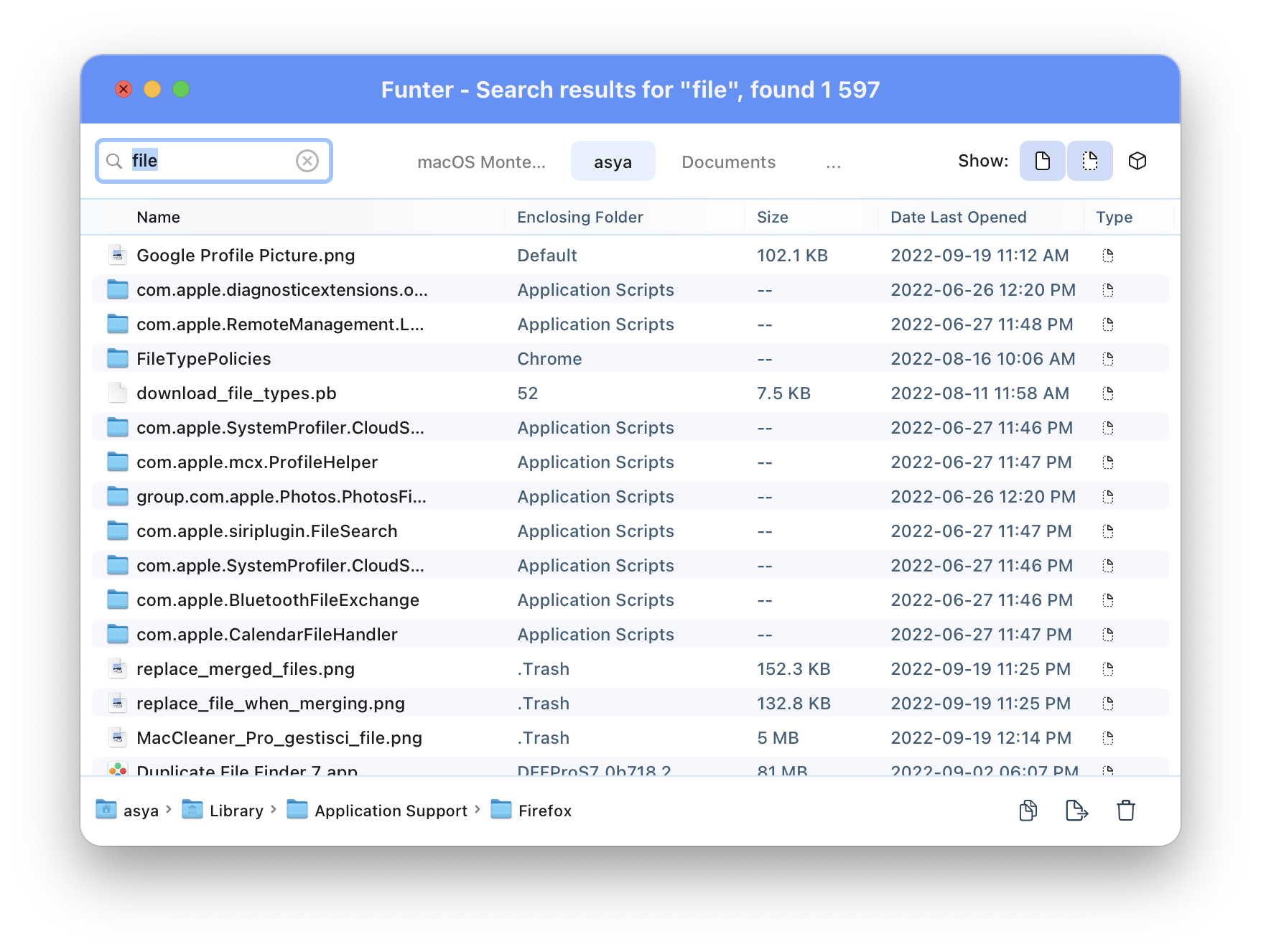 funter windows showing the hidden files results