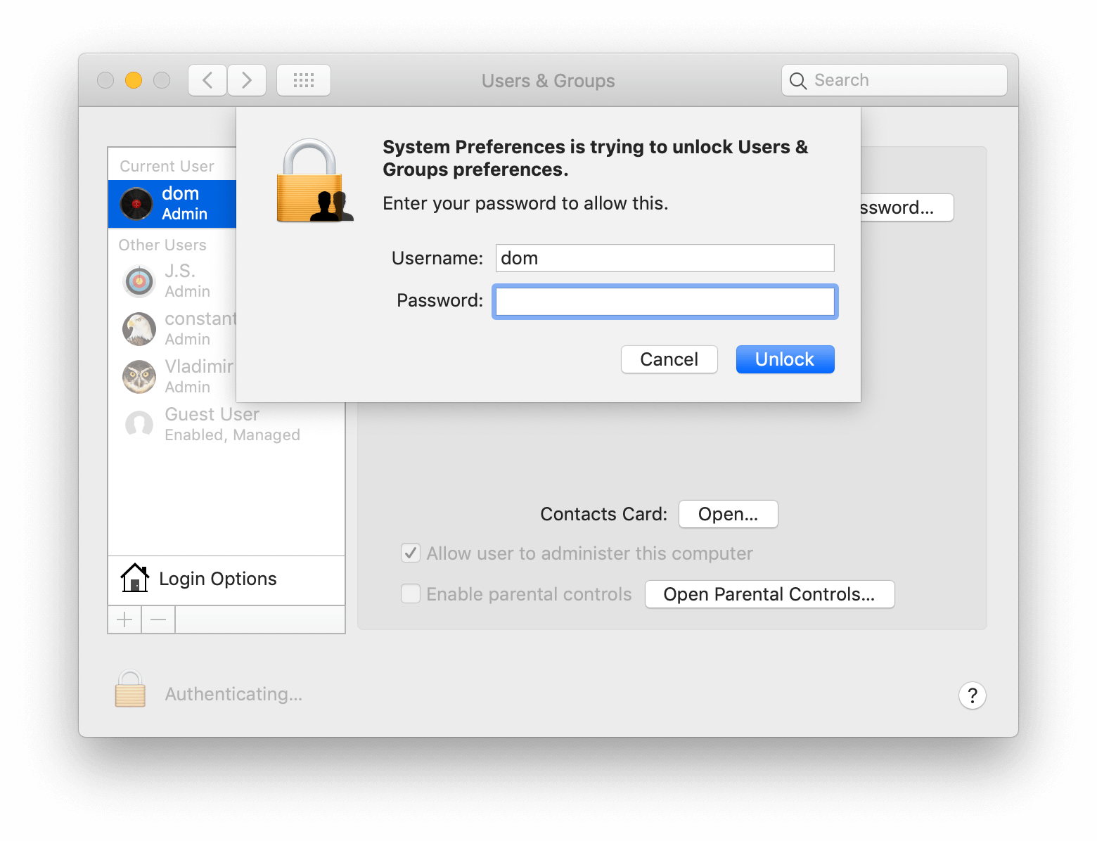 confirmation window to unlock user and change Mac password