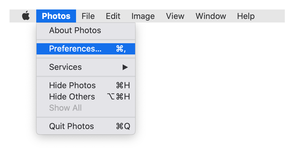 The Preferences menu item is selected for Photos application