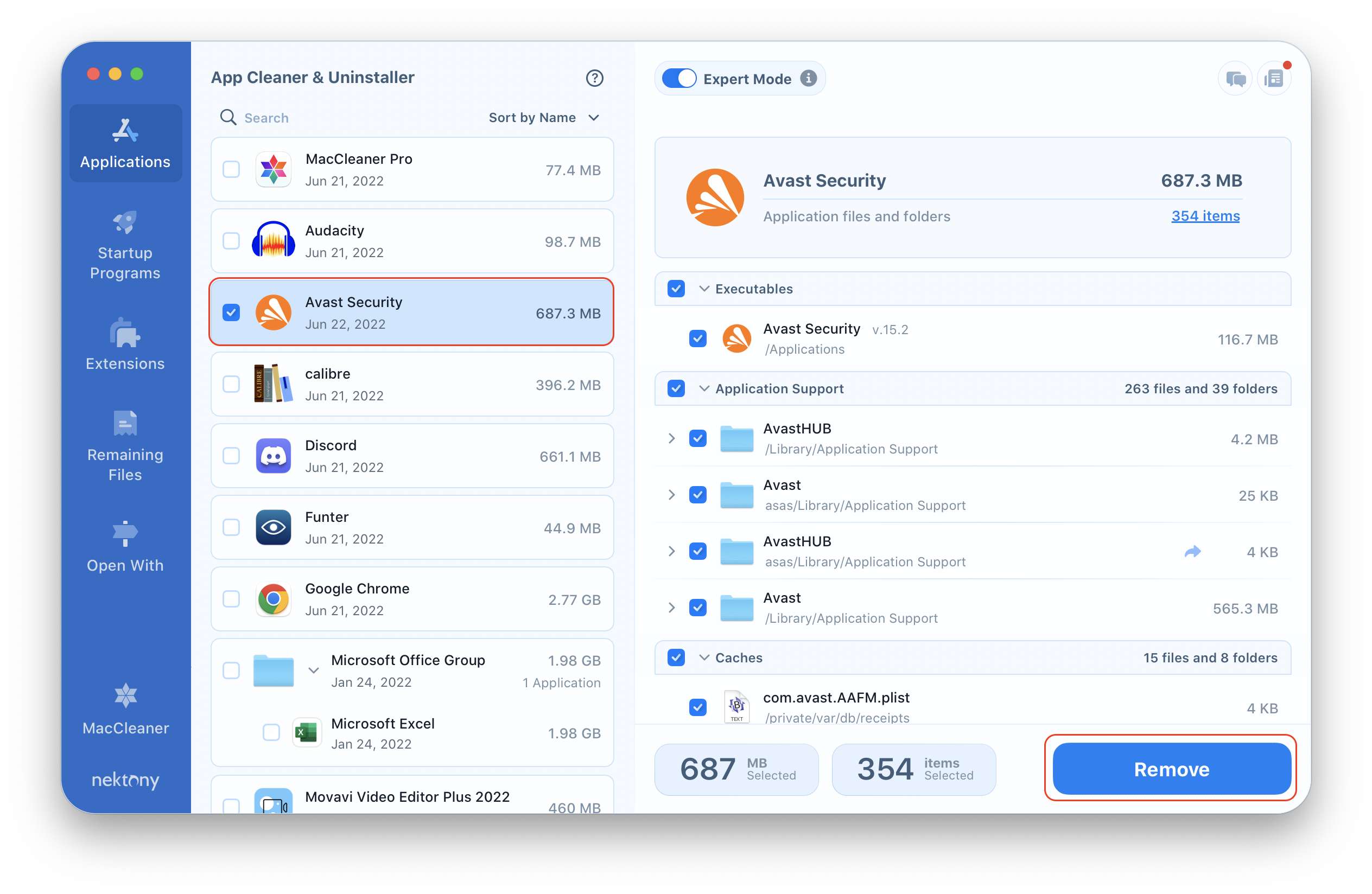App Cleaner & Uninstaller window with Avast selected for removal