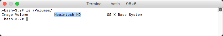 Terminal app window with command to mount Mac disk