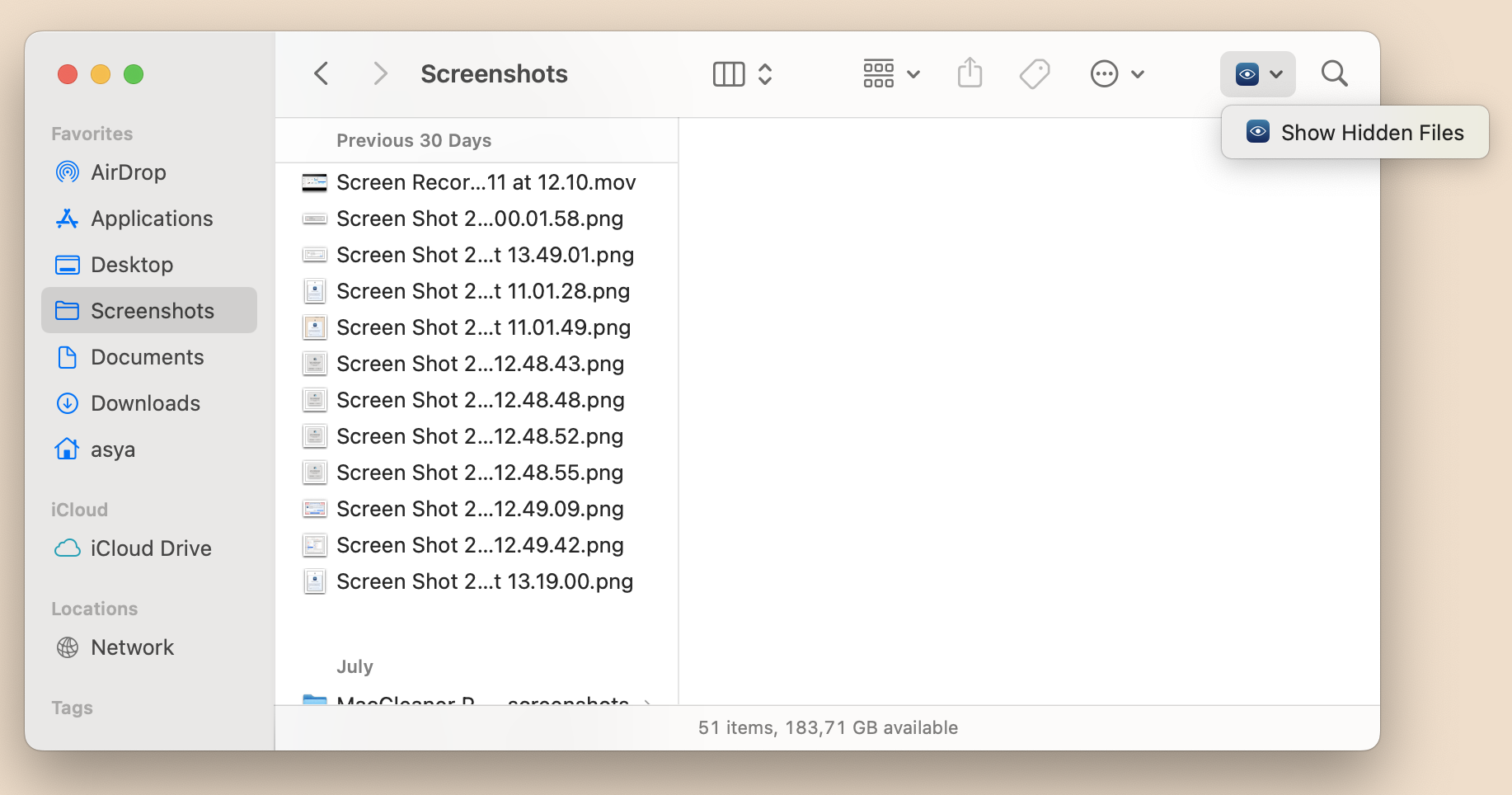 Finder window showing the Show Hidden files option