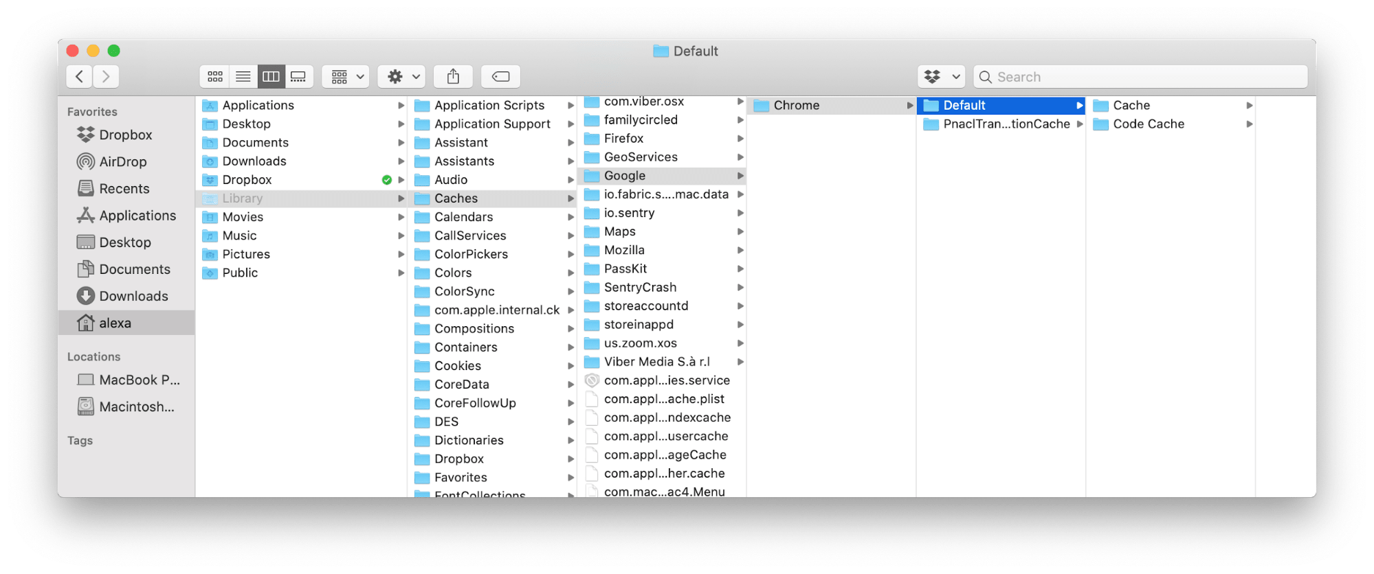Finder window showing chrome cache files