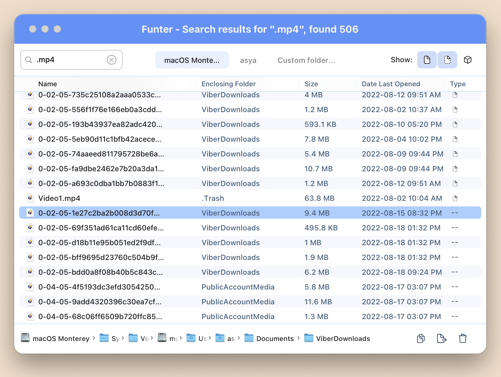 Funter search results window