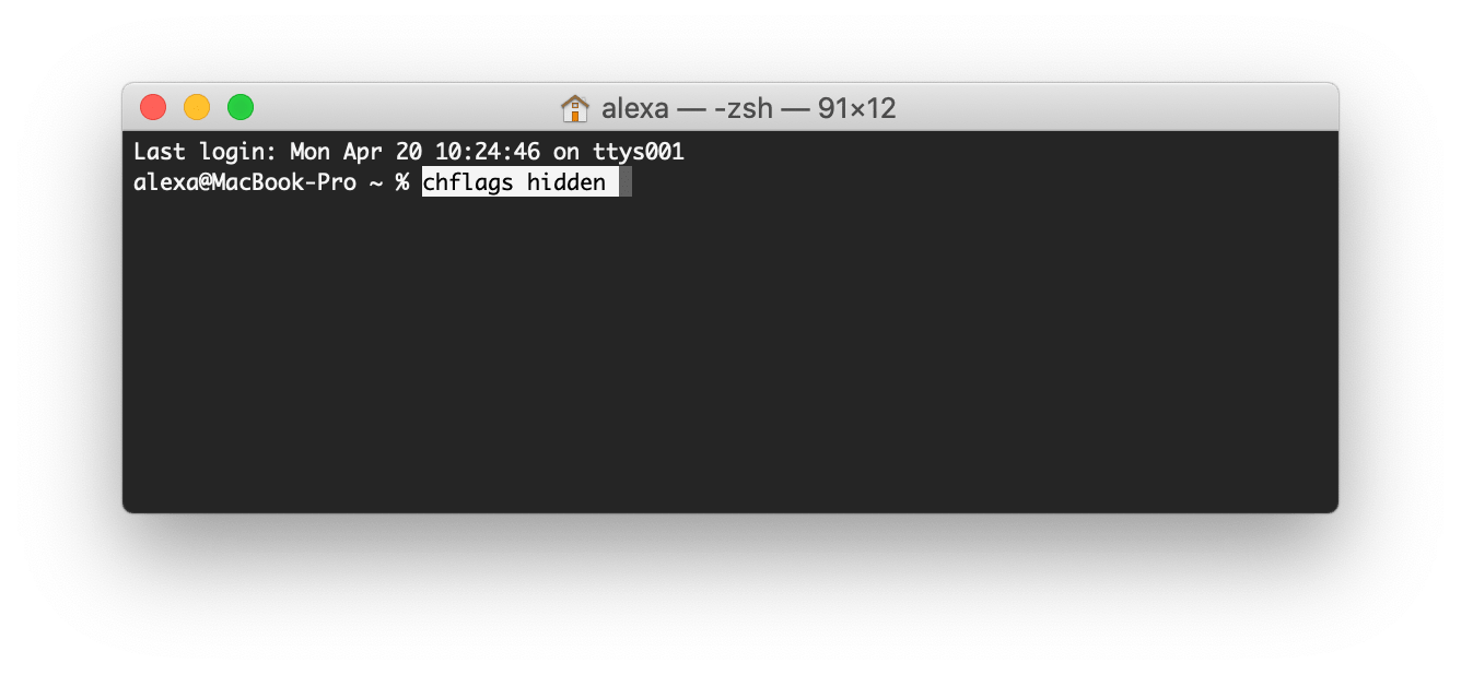 Terminal showing command to hide files