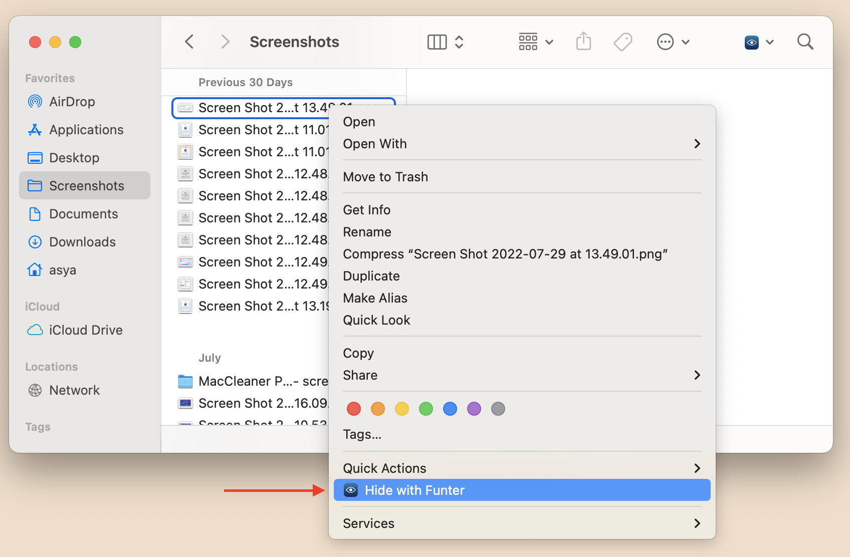 Finder window showing how to hide file with Funter