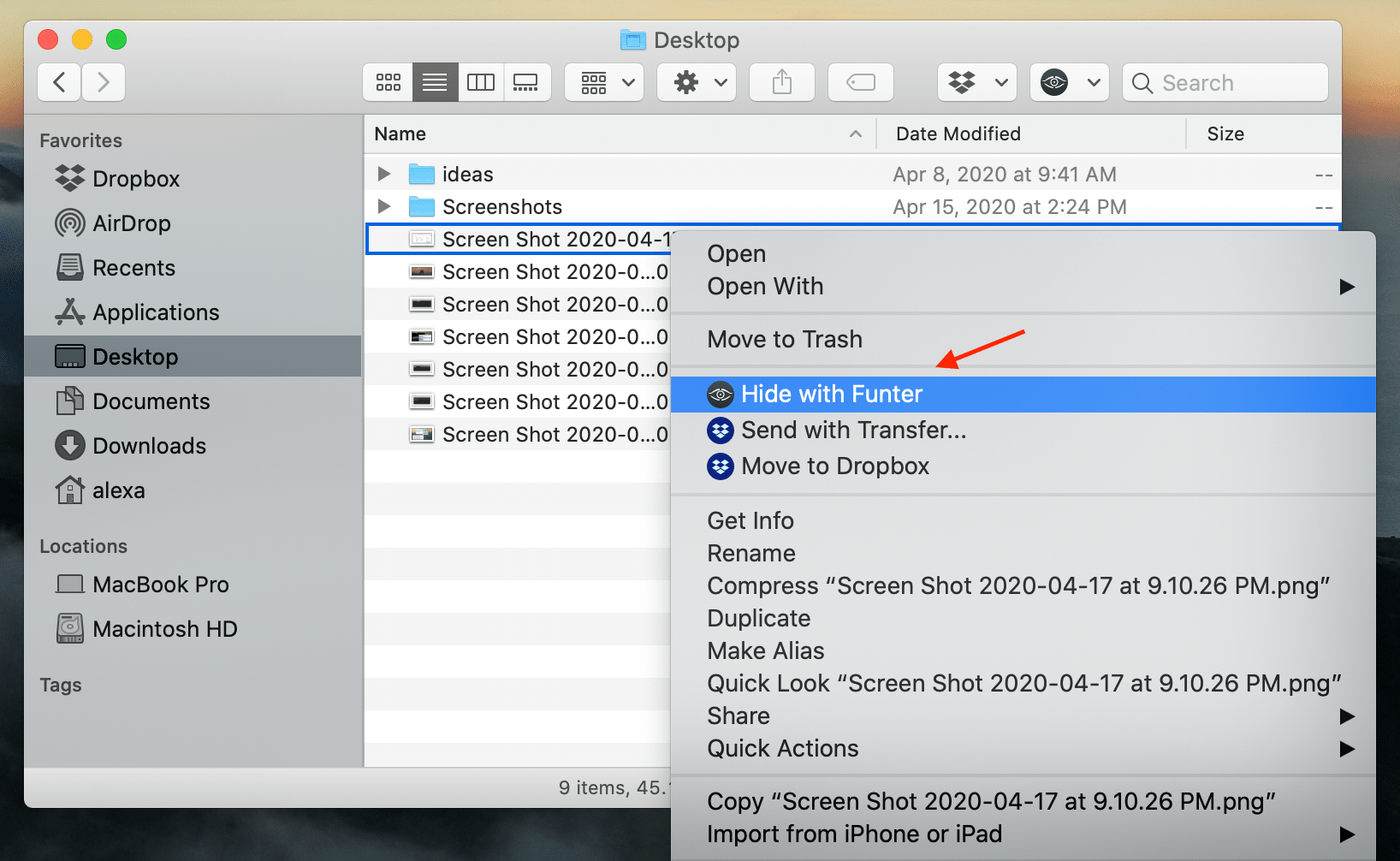 Hide with Funter command selected in Finder popup menu