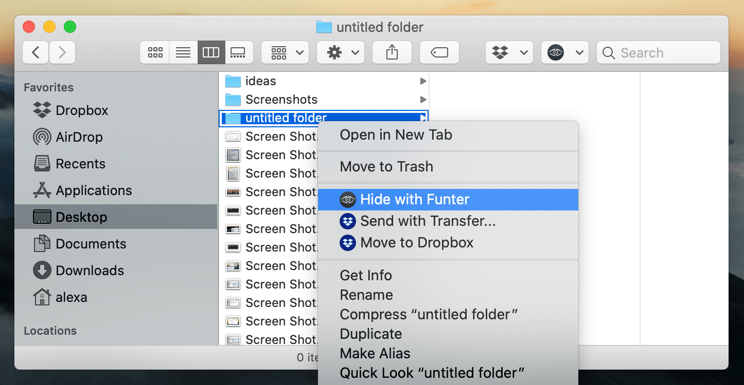 Hide with Funter option selected in popup menu