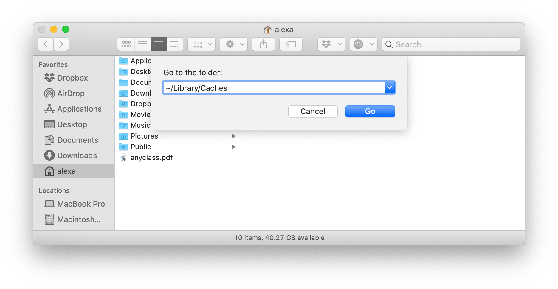 Finder window with command go to Caches folder