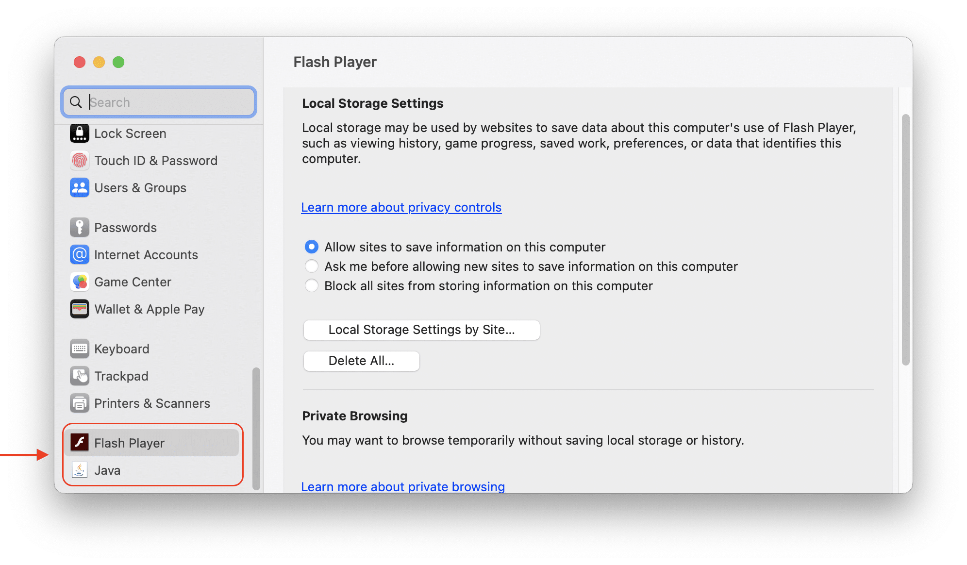Flash Player in System Preferences