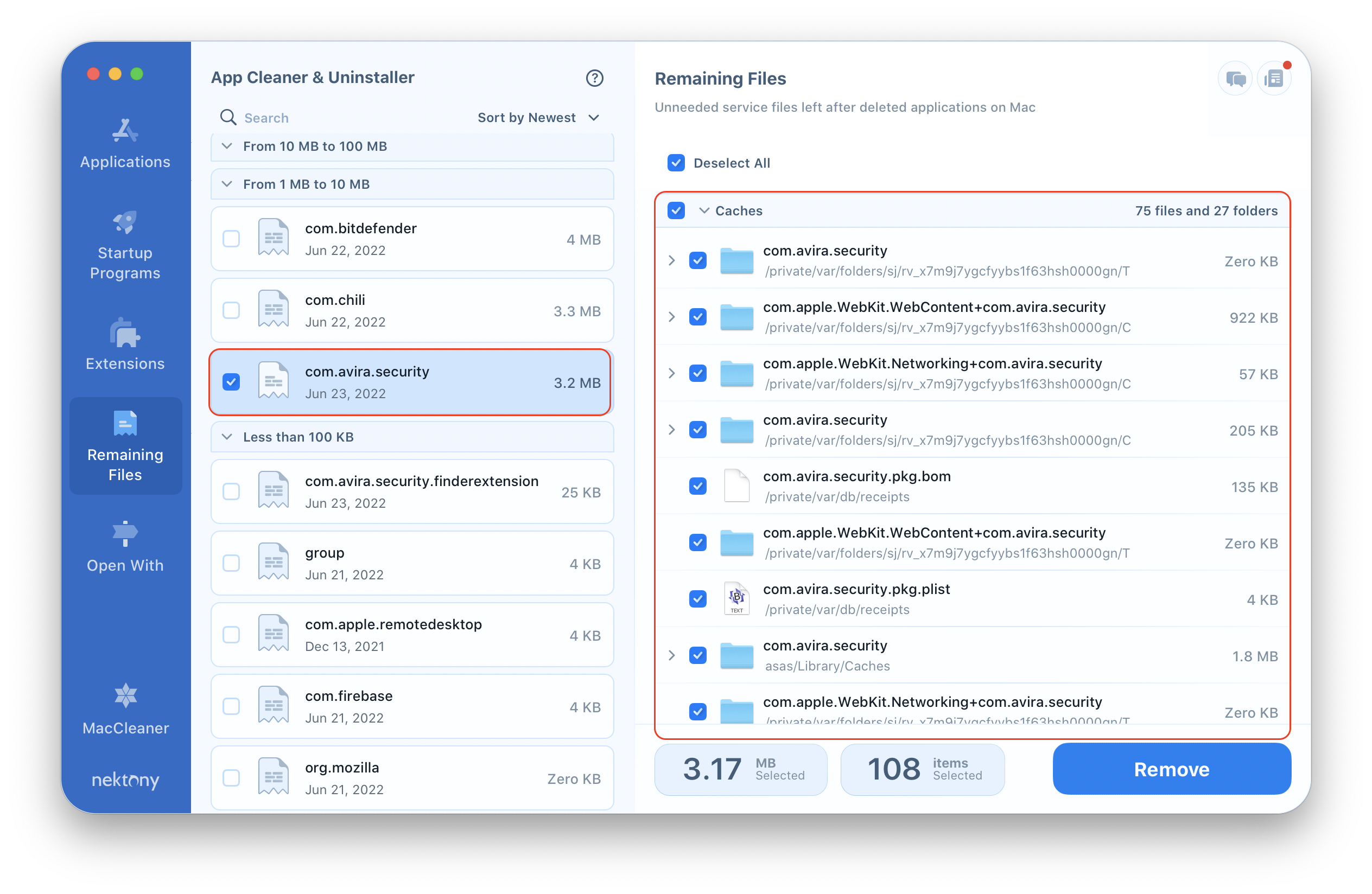 App Cleaner & Uninstaller window showing antivirus remaining files ticked