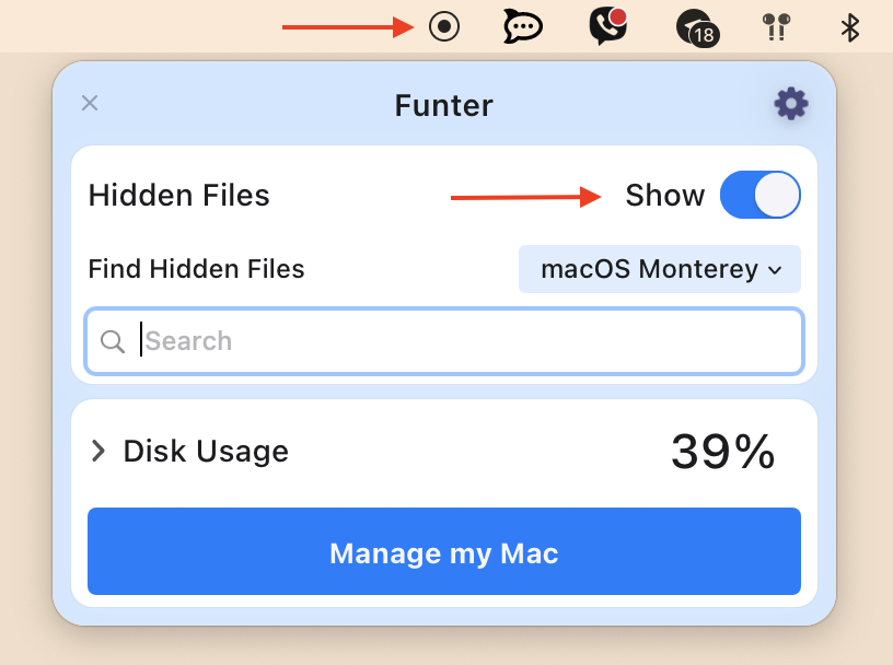 Funter window showing Show Hidden files option enabled