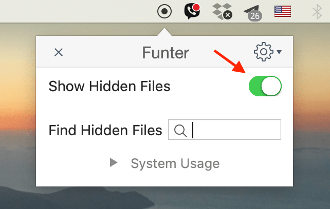 Funter window showing Show Hidden files option enabled