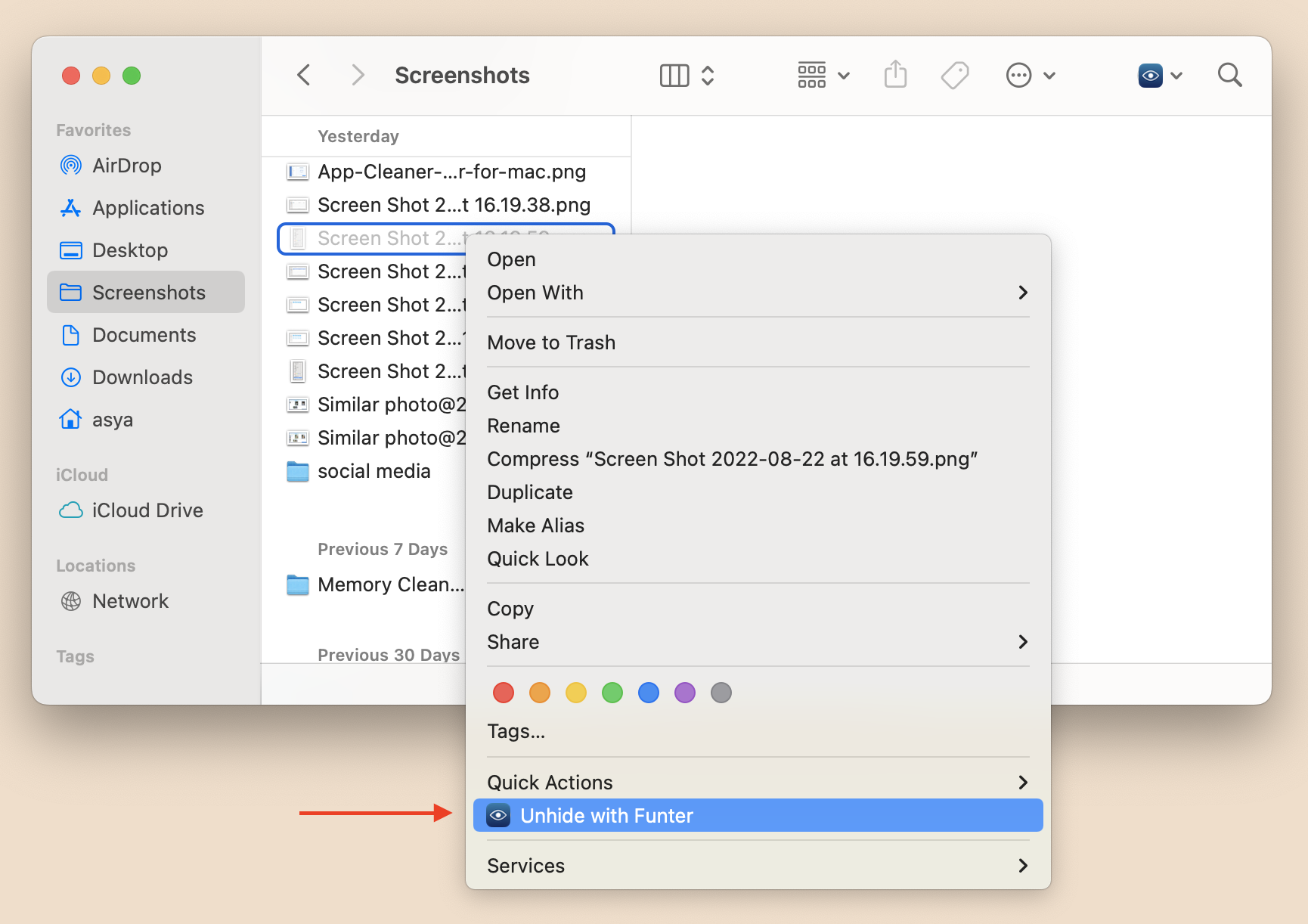 Unhide with Funter context menu command selected for folder