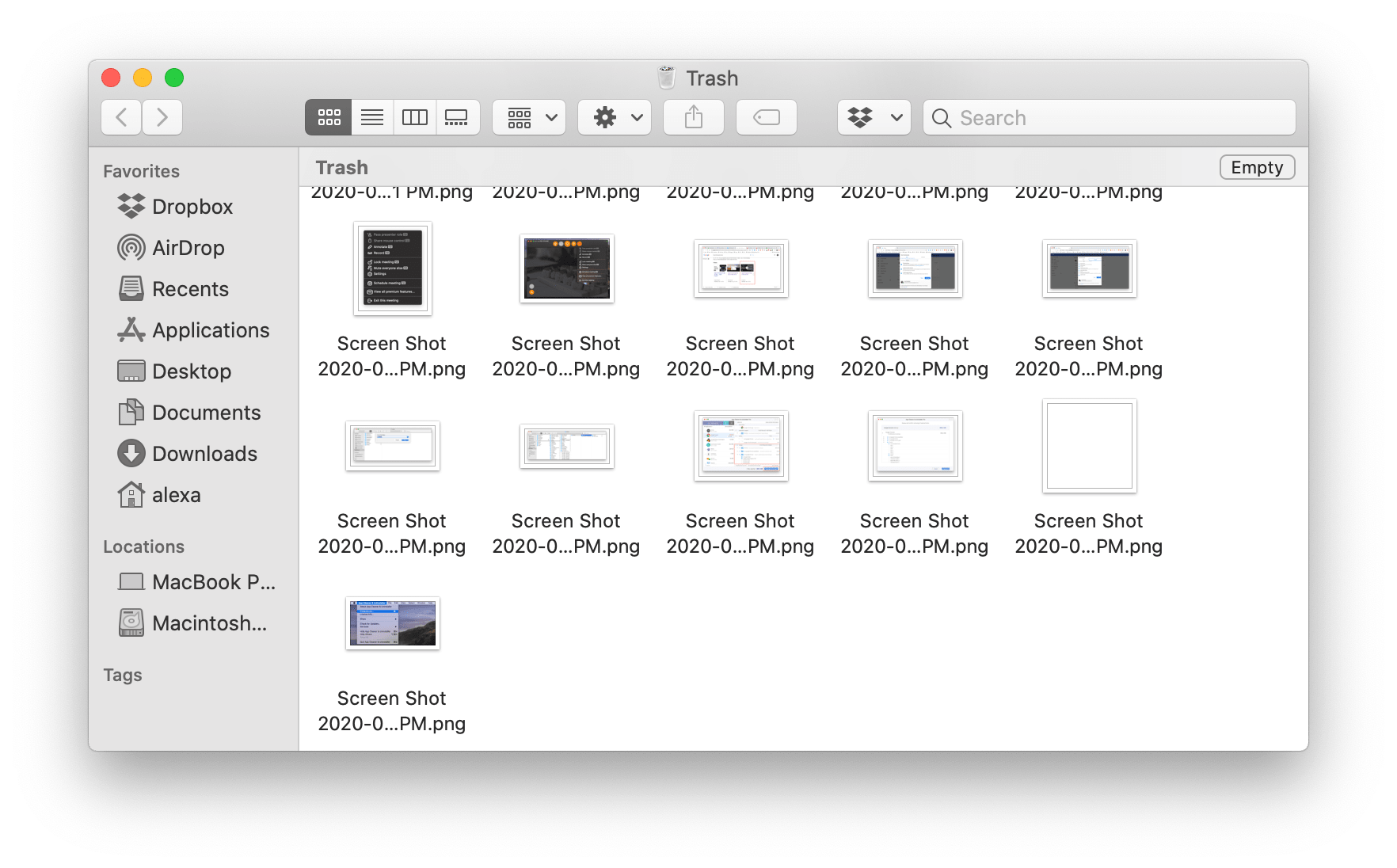 trash folder window with removed files