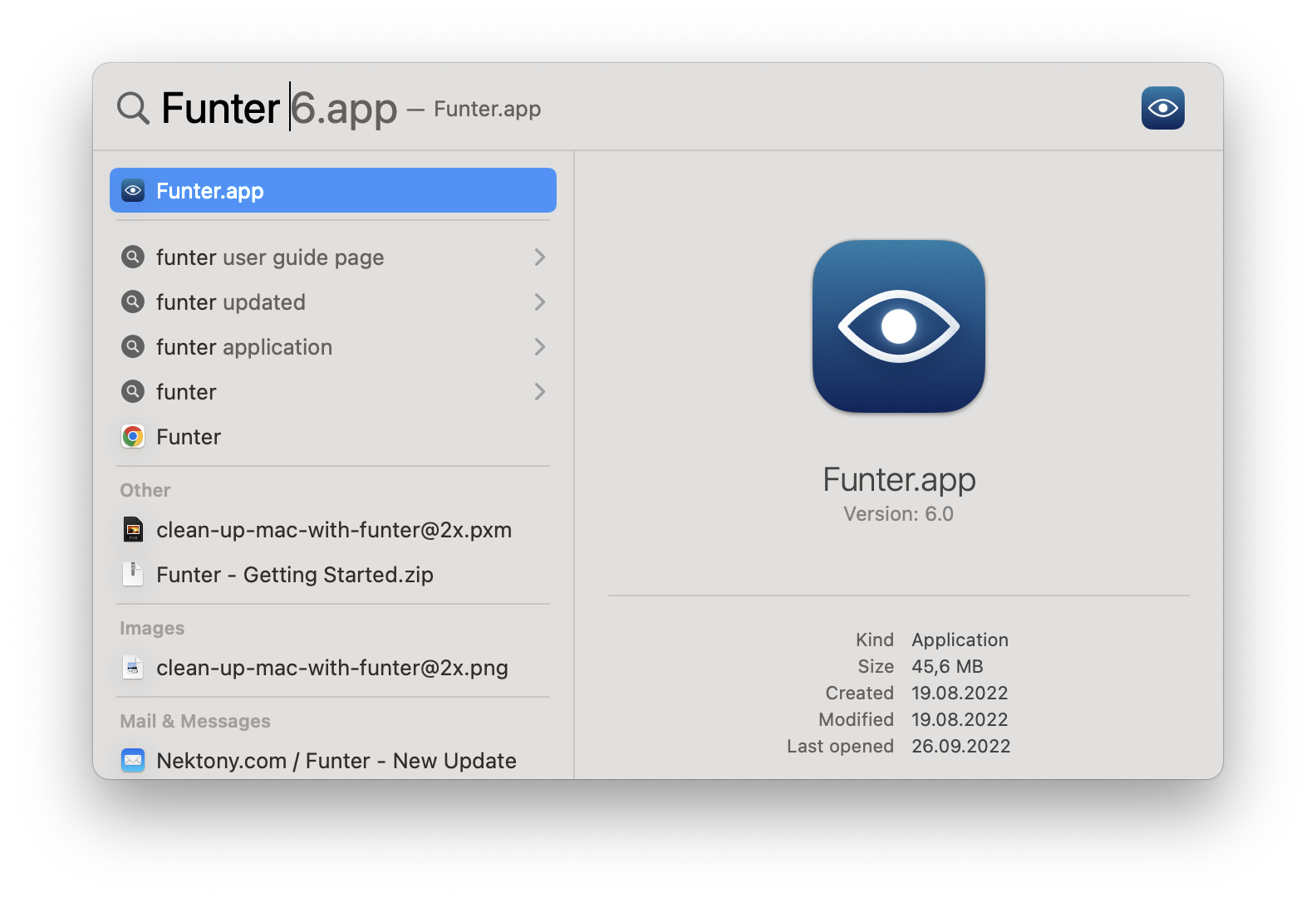 Funter application displayed via Spotlight search