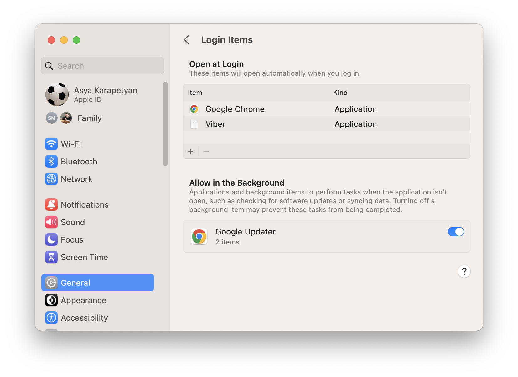 system settings showing login items on macOS Ventura