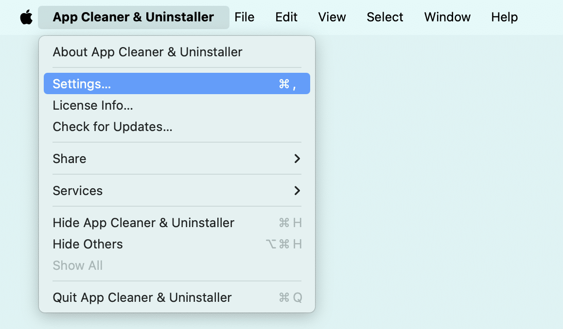 App Cleaner menu with Settings option highlighted