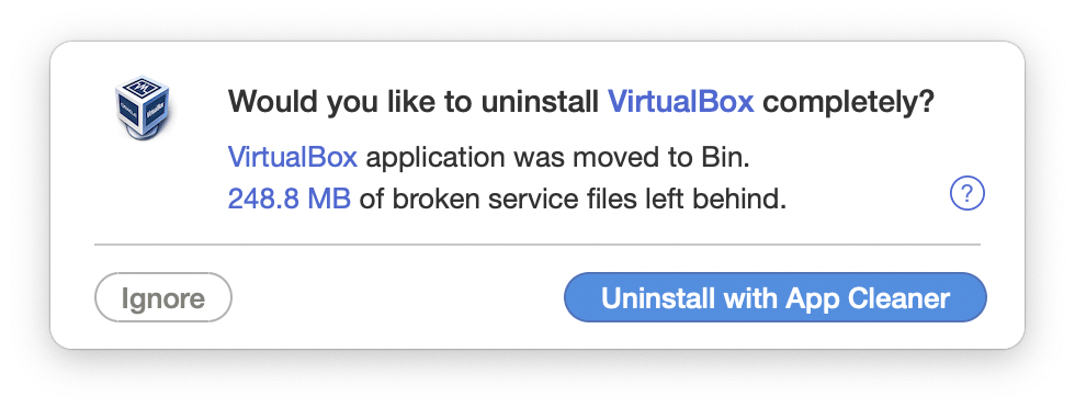 App Cleaner & Uninstaller showing VirtualBox