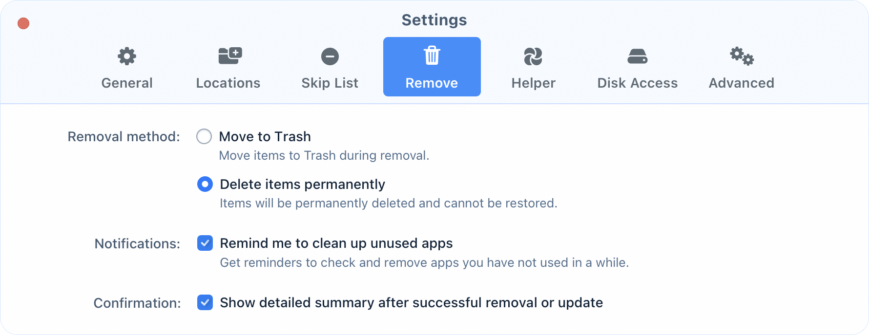app cleaner preferences-remove tab