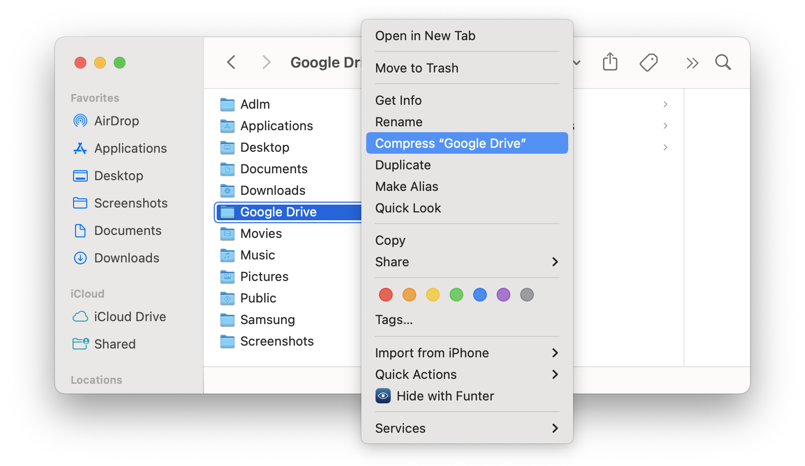 Choosing Compress Folder command  from the Finder context menu