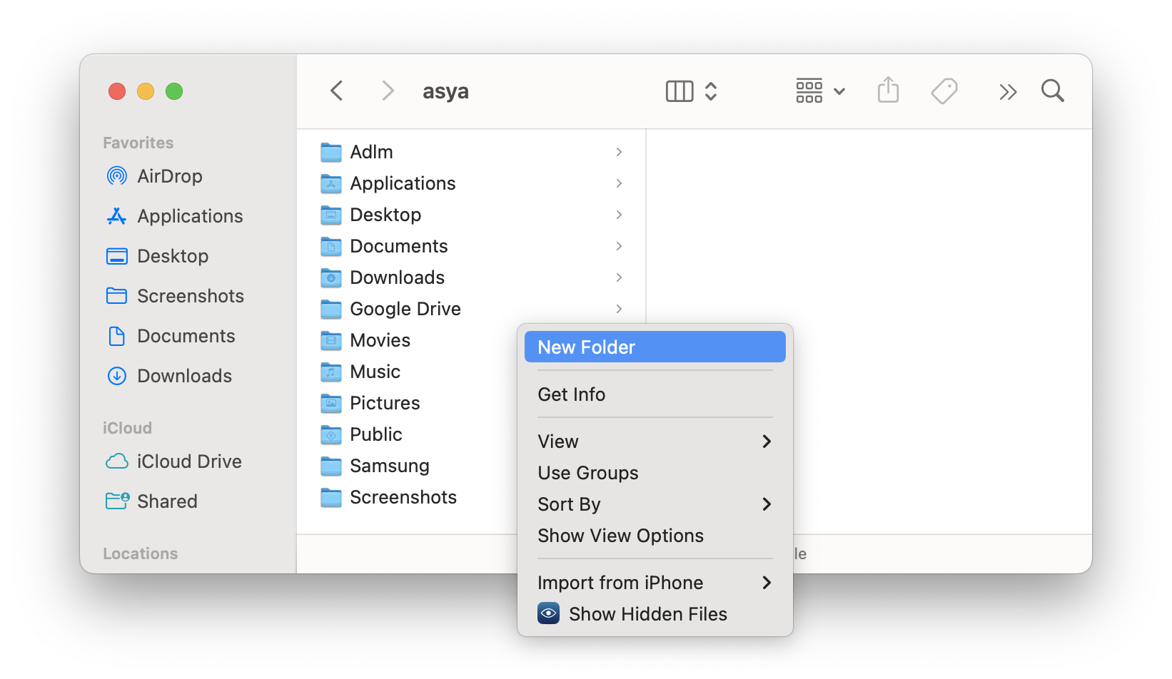 Choosing New Folder command from the Finder context menu