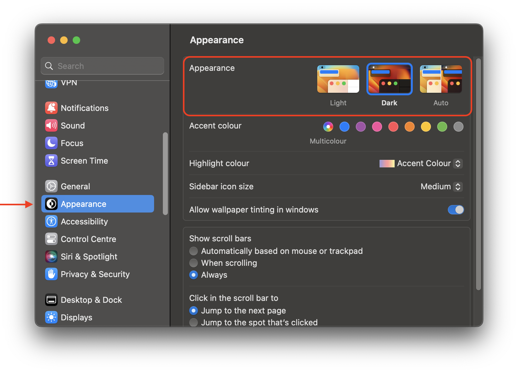 System Settings showing how to enable darm mode on Mac