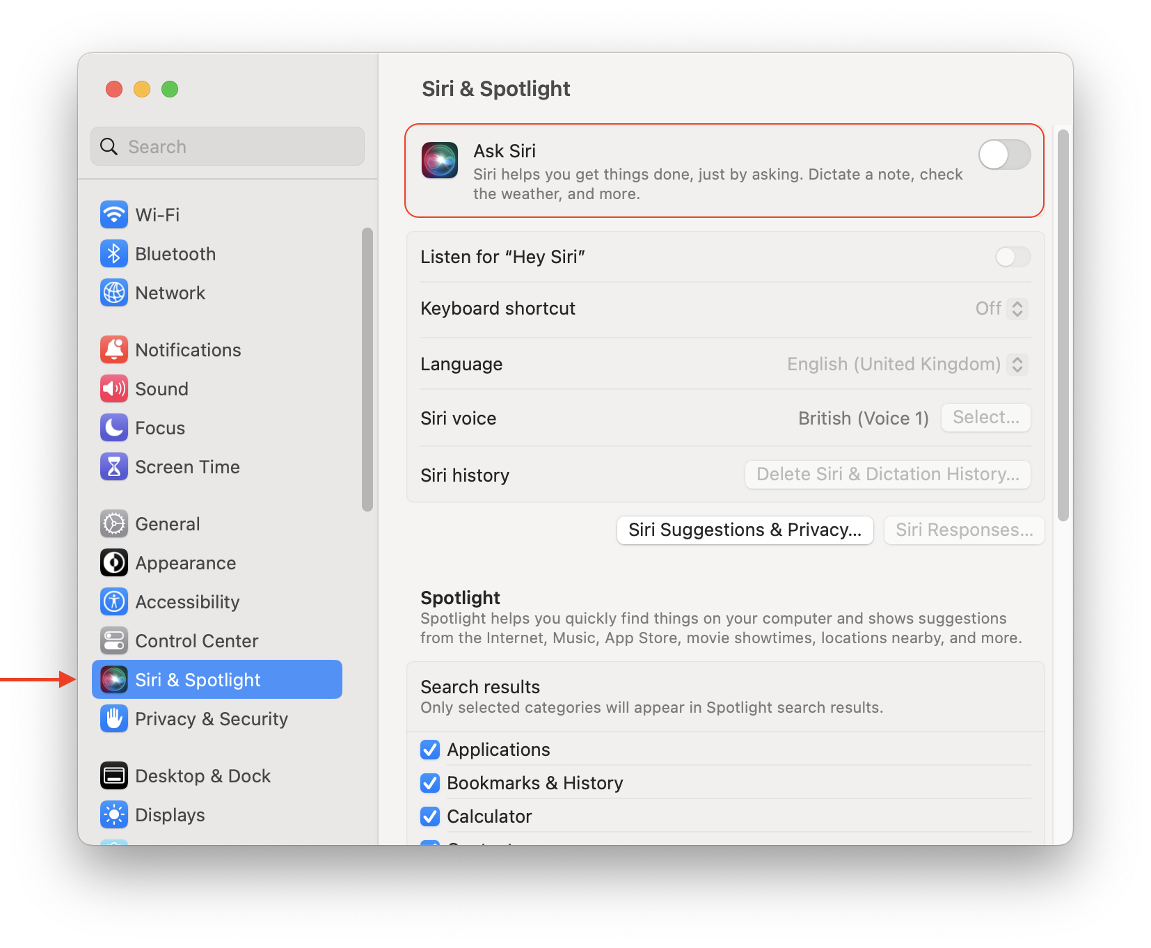 Siri settings on a Mac