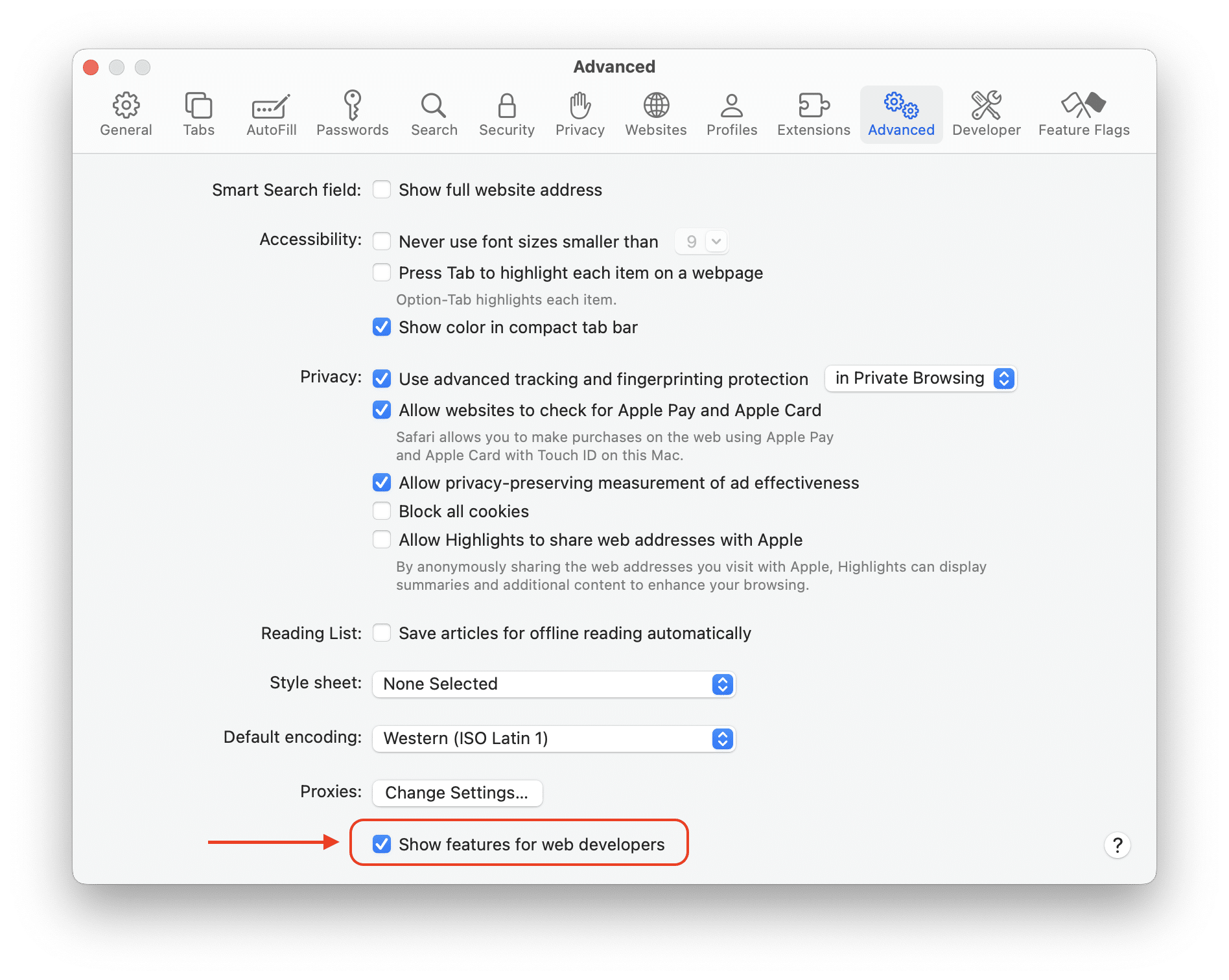 Safari advanced settings