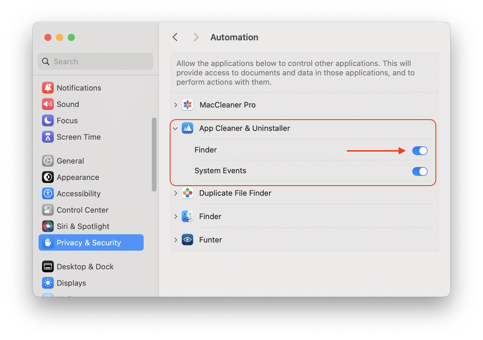System Settings window showing how to allow App Cleaner Uninstaller access Finder