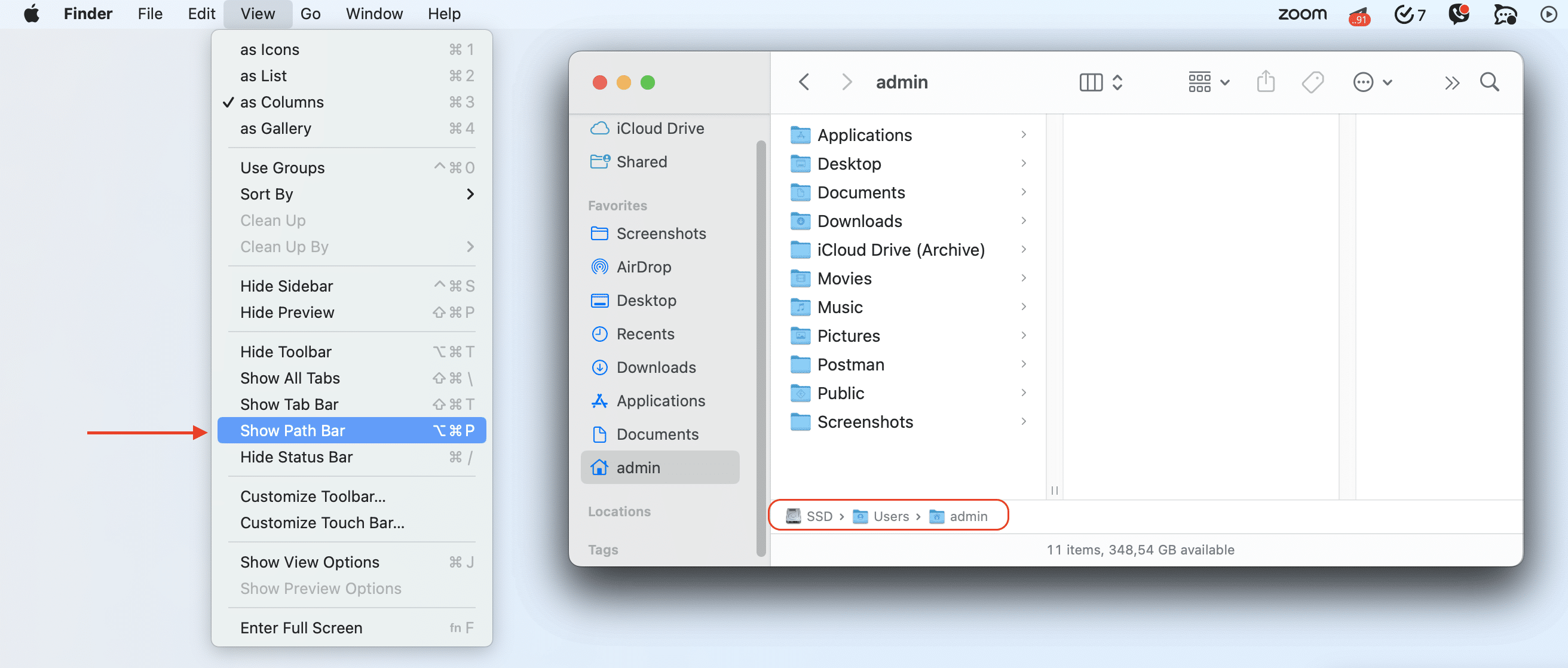Show Folder Path option selected in Finder View menu