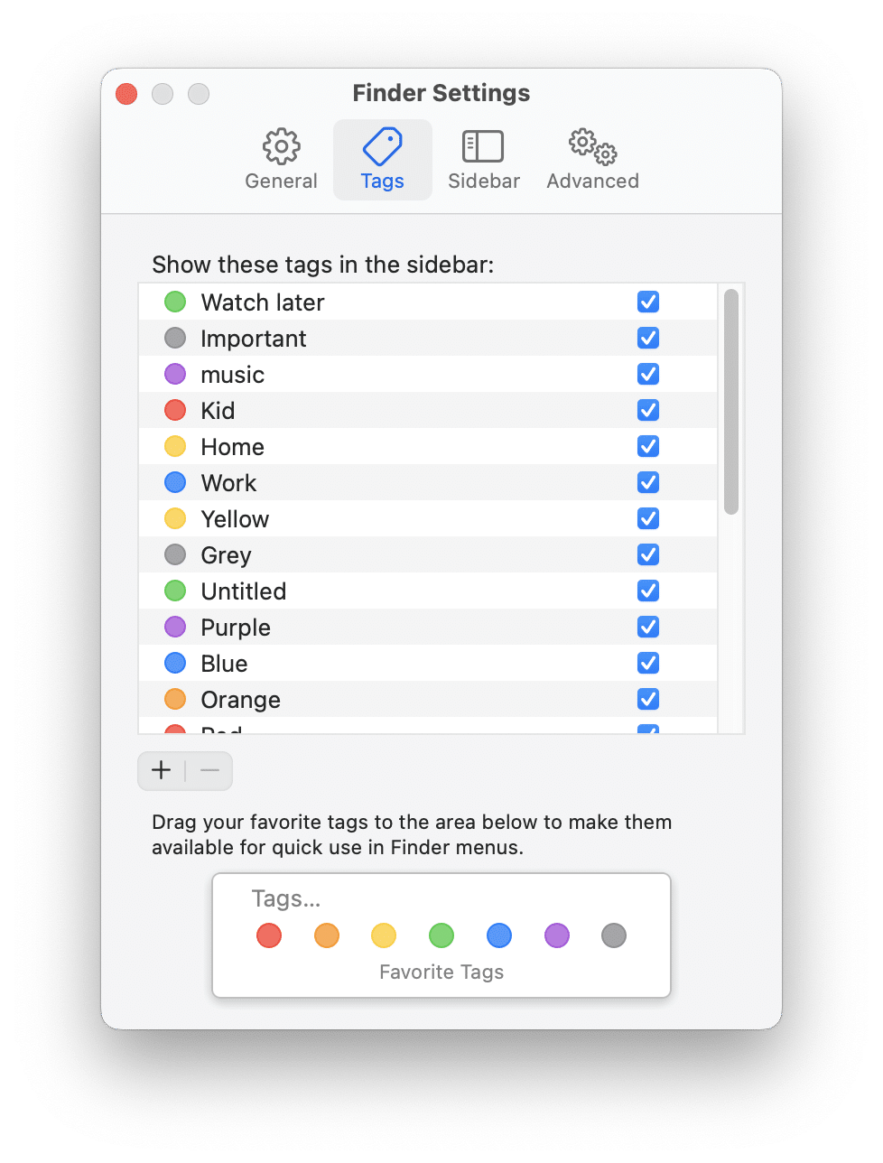 Tags tab in Finder Settings