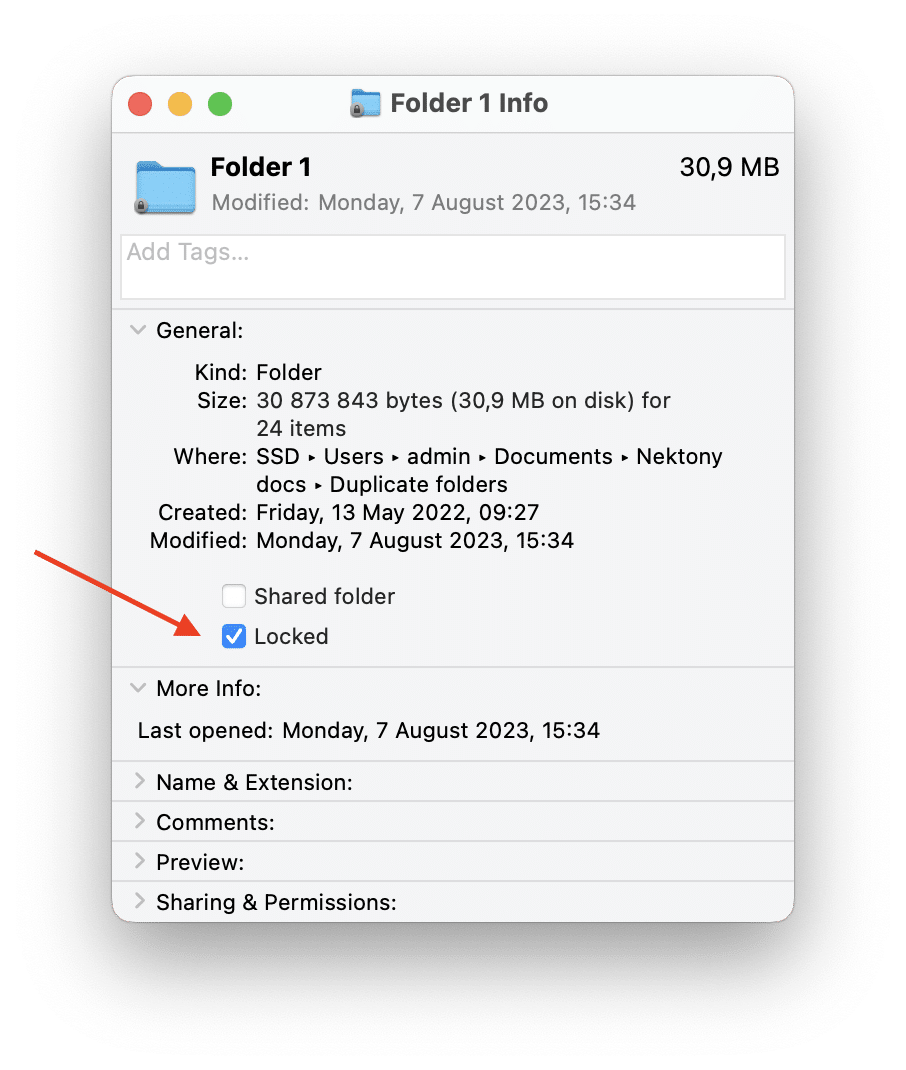 Folder information window showing locked icon