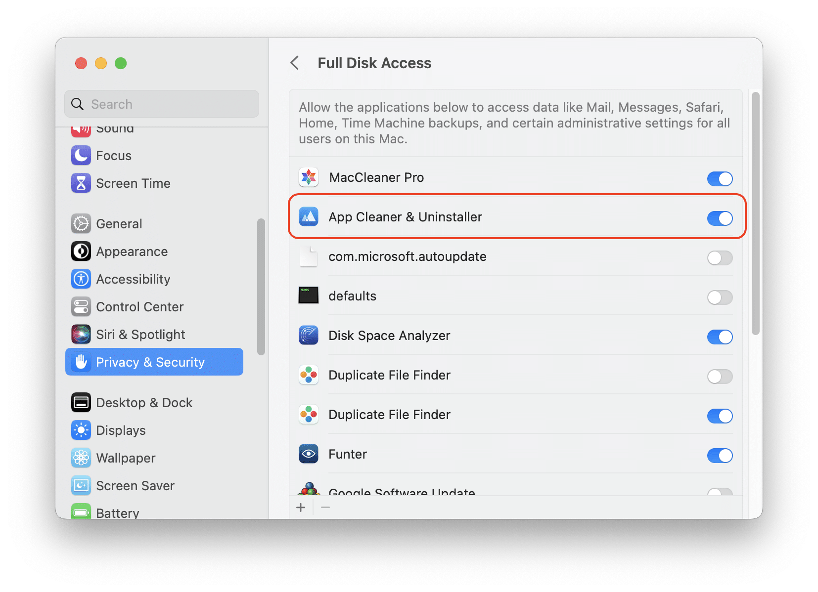Full Disk Access settings