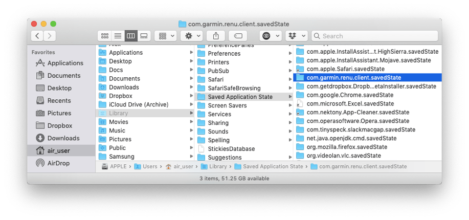 Garmin Express app saved state files in Finder
