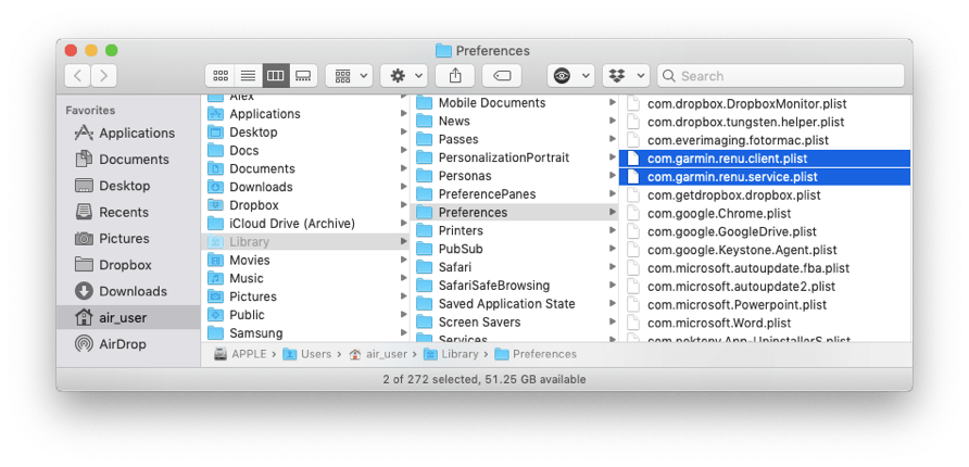 Garmin Express preferences files in Finder