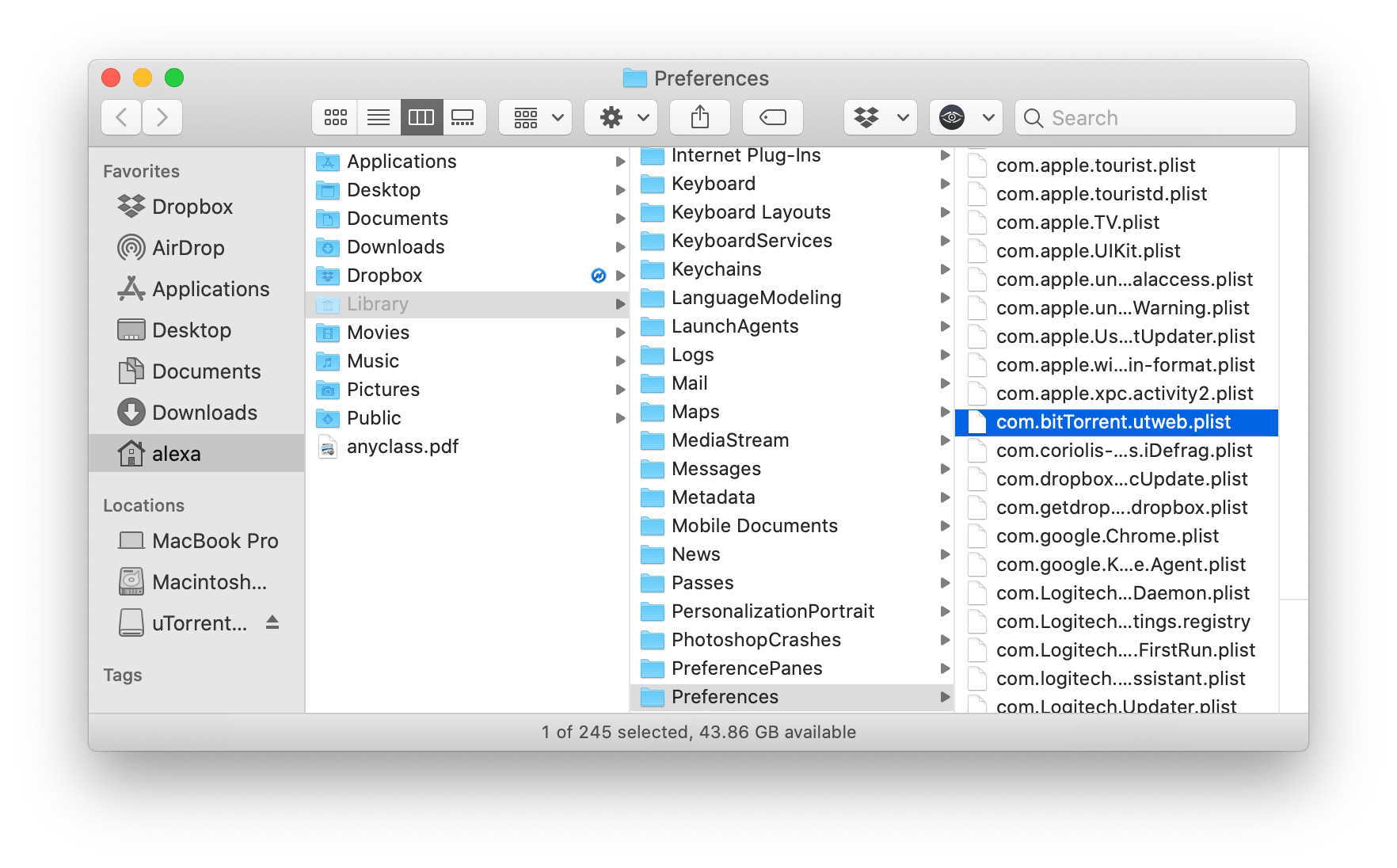 Finder window showing µTorrent Preferences file