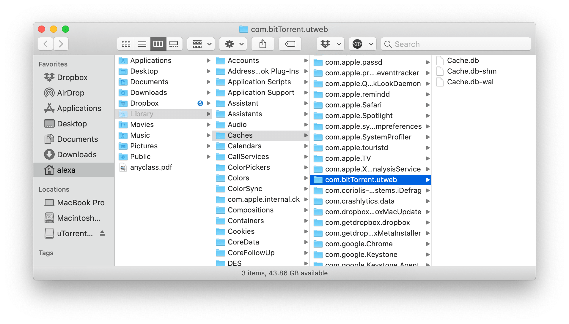 Finder window showing µTorrent Caches folder