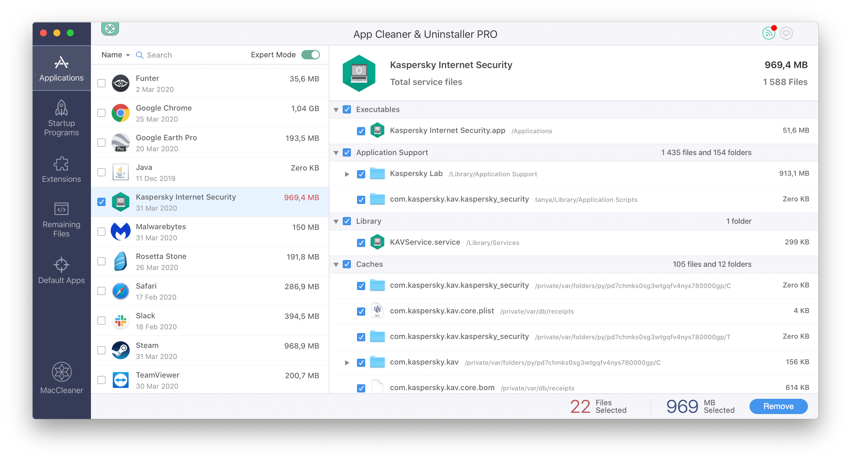 App Cleaner & Uninstaller showing Kaspersky with its service files