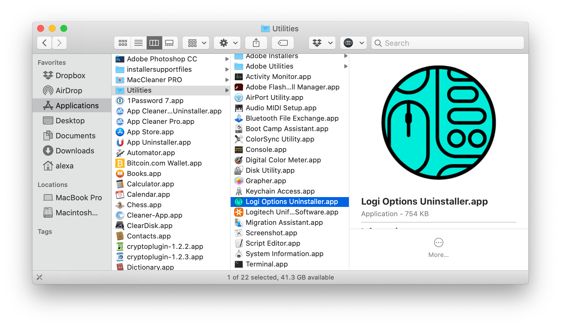 Logitech Options Uninstaller application in Finder window
