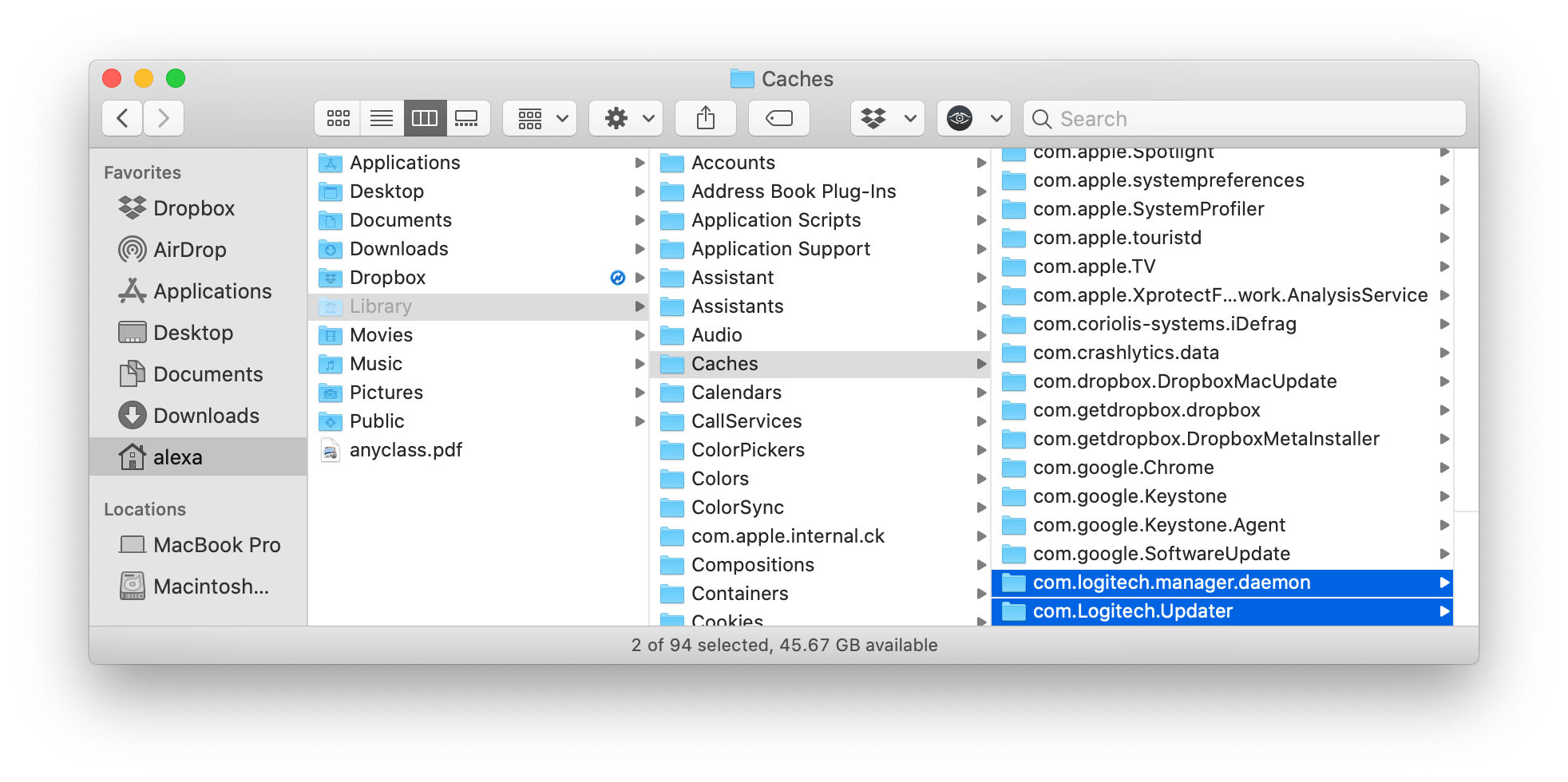 Finder window - Library folder - Logitech caches files