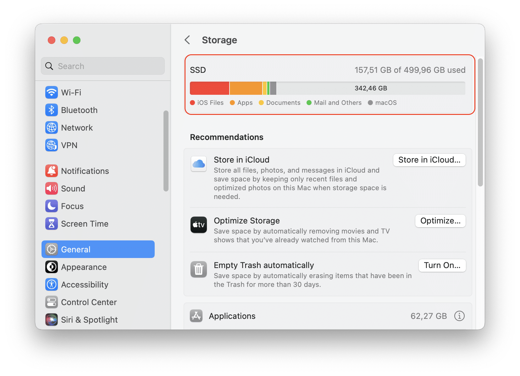 System Settings window showing disk usage