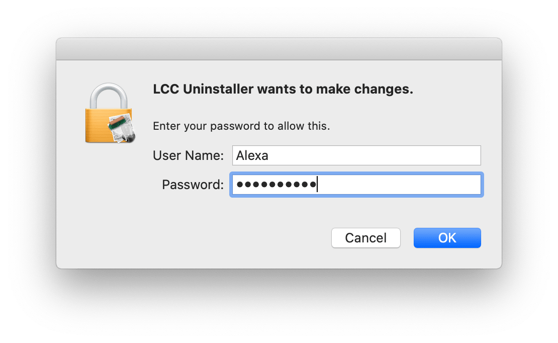 LLC Uninstaller window asking passsowrd to allow changes