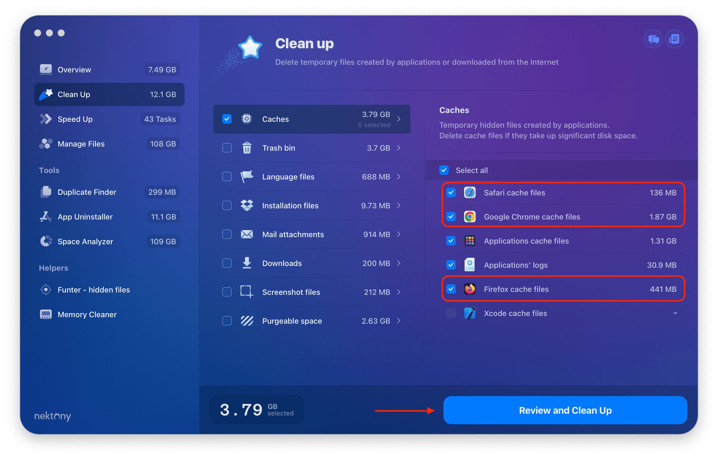 MacCleaner Pro window showing Caches cleanup option