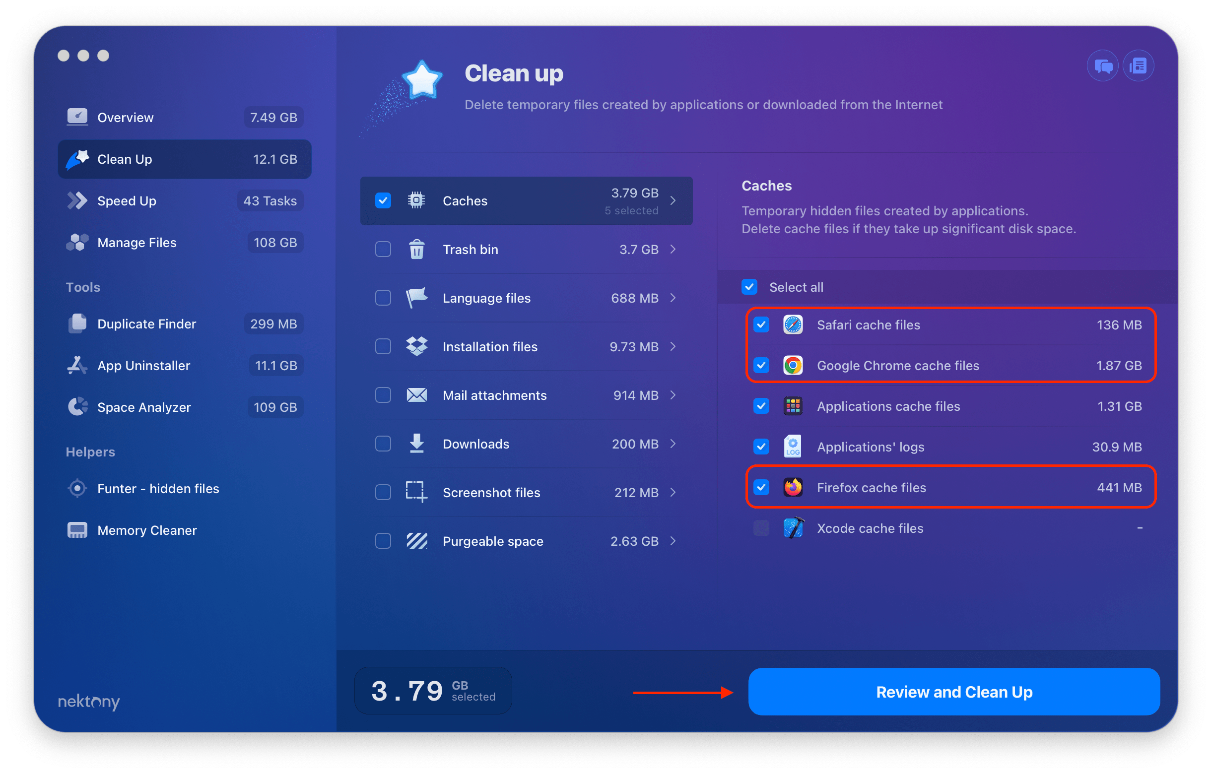 MacCleaner Pro window showing cache files on Mac