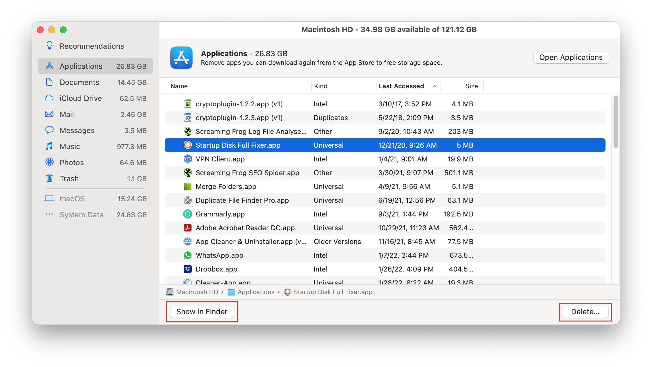 large applications list in manage storage window