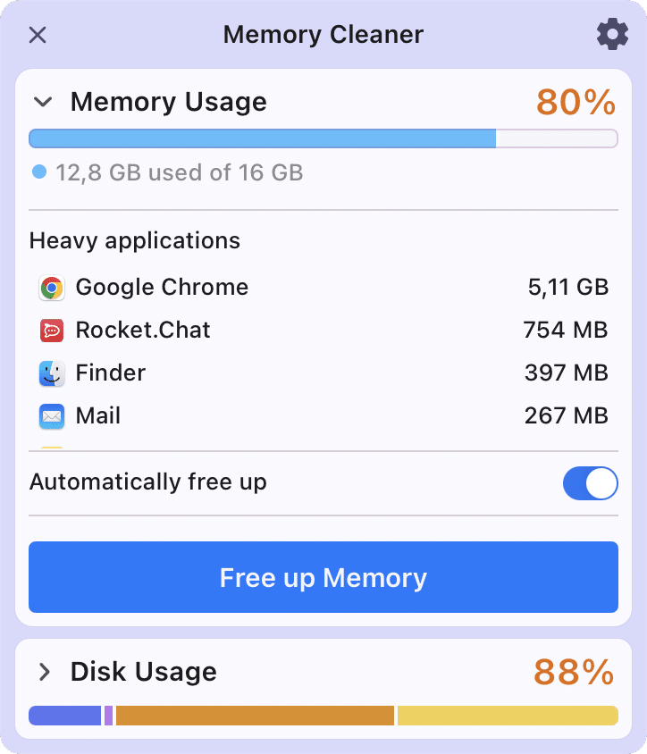 Memory Cleaner window showing Memory usage