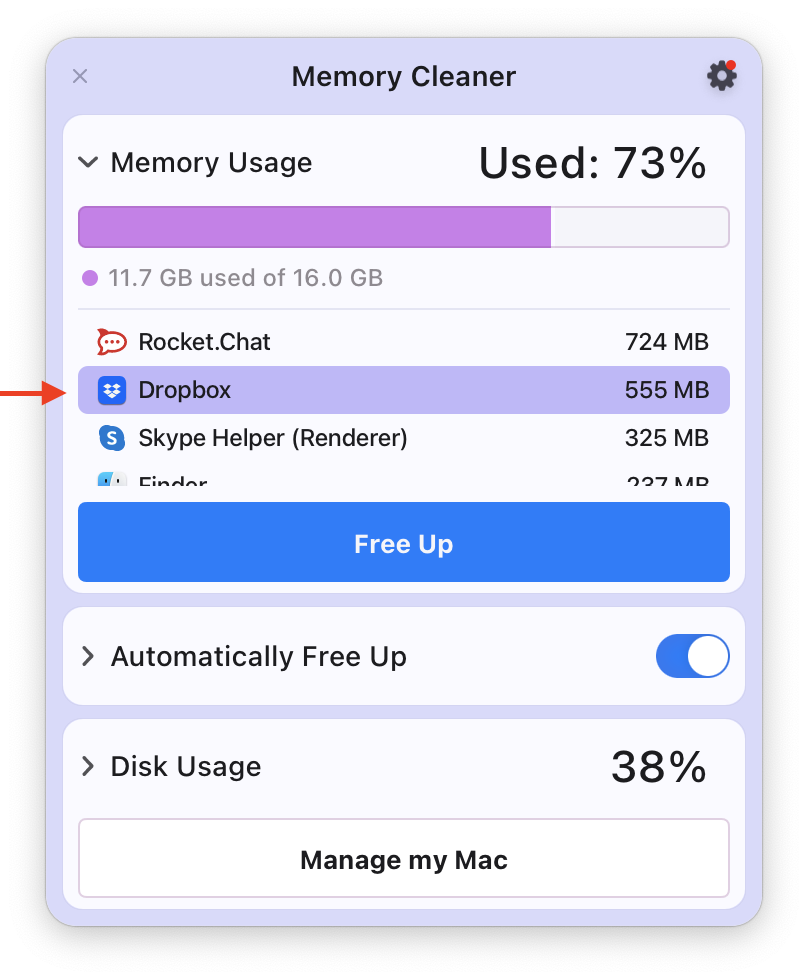 Memory Cleaner showing high memory usage of Dropbox